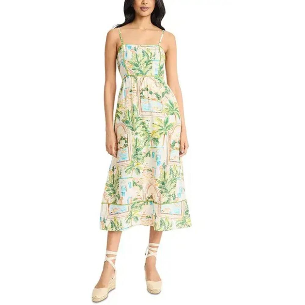 The Good Journey Midi Dress Square Neck Floral Postcard Tropical Print Maxi
